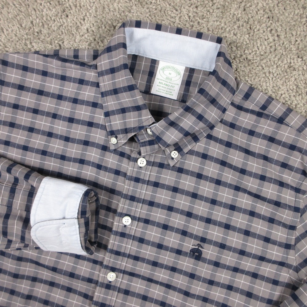 Brooks Brothers Shirt Mens Medium Gray Blue Plaid Milano Slim OCBD Flip Cuff